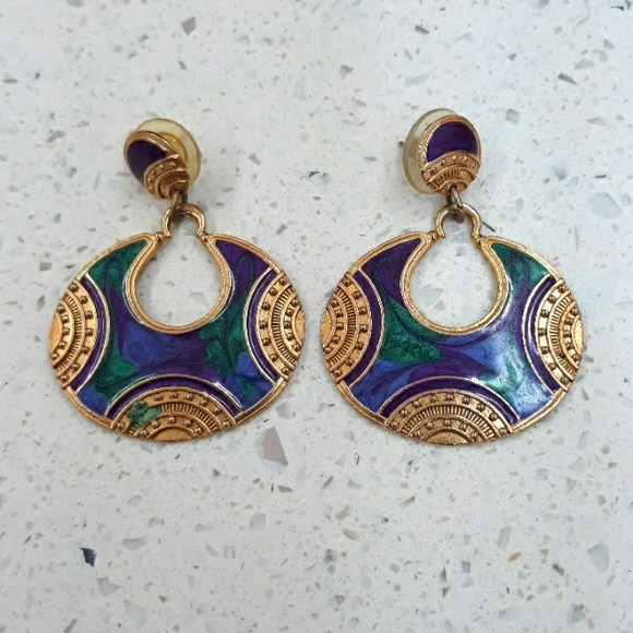 Vintage Gold Purple and Green Post Earrings - Picture 2 of 9